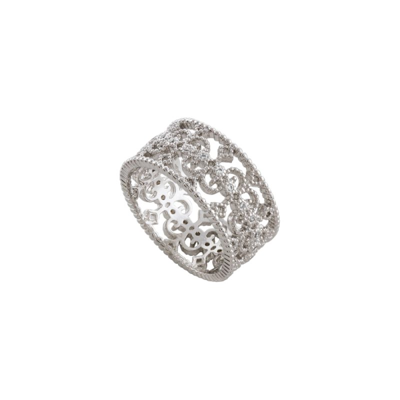 Δαχτυλίδι Lace μεταλλικό ασημί διάτρητο με λευκά ζιργκόν