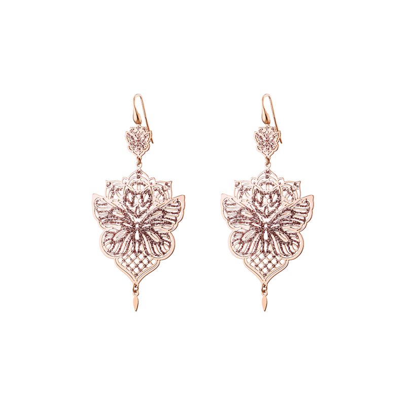 Σκουλαρίκια Chakra μεταλλικά ροζ χρυσά με σχέδιο πεταλούδα