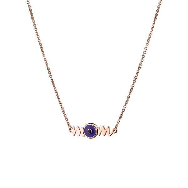 Κολιέ Mama μεταλλικό ροζ χρυσό με στοιχείο "mom" και ματάκι από σμάλτο