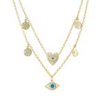 Κολιέ Karma μεταλλικό επίχρυσo με καρδιά, μάτι, νομίσματα και ζιργκόν