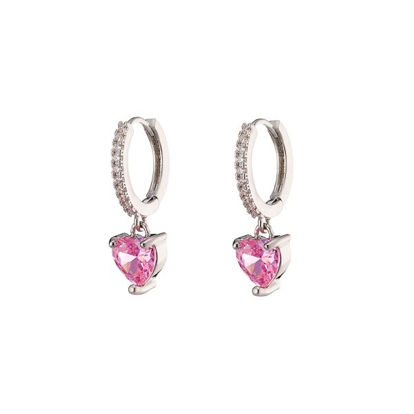 Σκουλαρίκια Happy Hearts μεταλλικά ασημί με ροζ καρδιά και λευκά ζιργκόν