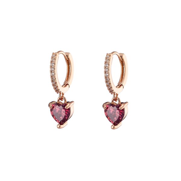 Σκουλαρίκια Happy Hearts μεταλλικά ροζ χρυσό με ροδολίτη καρδιά και λευκά ζιργκόν