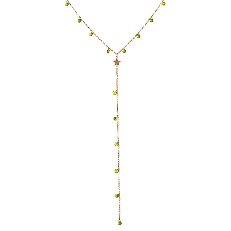 Κολιέ Dazzling μεταλλικό ροζ χρυσό "Υ" με αστέρι και πράσινα λαδί ζιργκόν