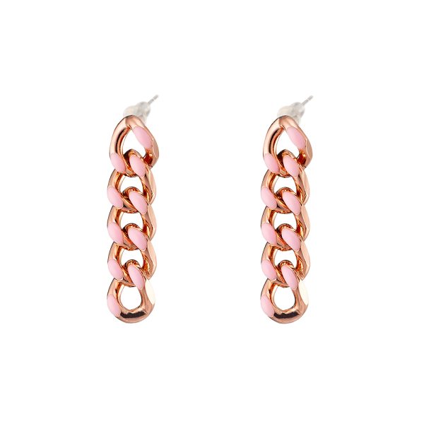 Σκουλαρίκια Beauty μεταλλικά ροζ χρυσά αλυσίδες με ροζ σμάλτο