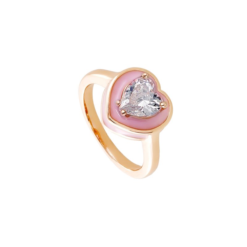 Δαχτυλίδι Beauty μεταλλικό ροζ χρυσό με λευκή καρδιά ζιργκόν και ροζ σμάλτο