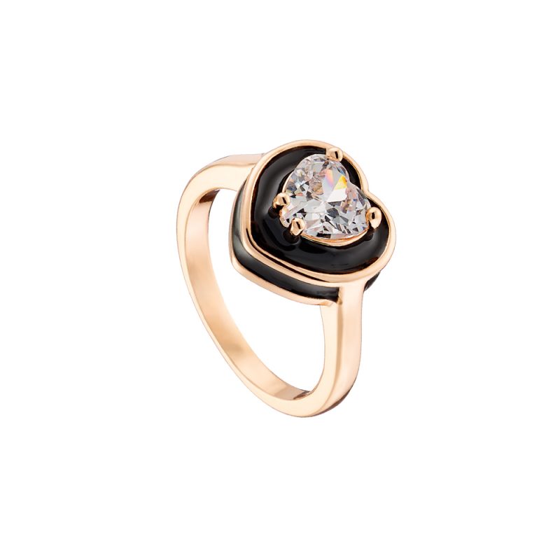 Δαχτυλίδι Beauty μεταλλικό ροζ χρυσό με λευκή καρδιά ζιργκόν και μαύρο σμάλτο