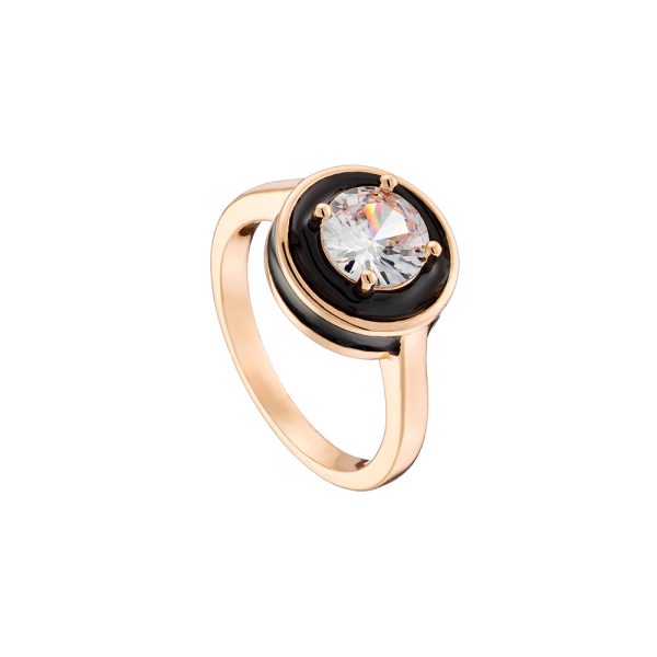 Δαχτυλίδι Beauty μεταλλικό ροζ χρυσό με στρογγυλό λευκό ζιργκόν και μαύρο σμάλτο