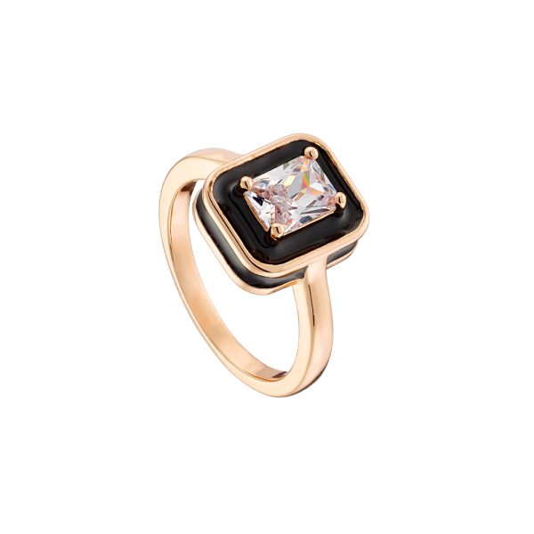 Δαχτυλίδι Beauty μεταλλικό ροζ χρυσό με λευκό ζιργκόν και μαύρο σμάλτο