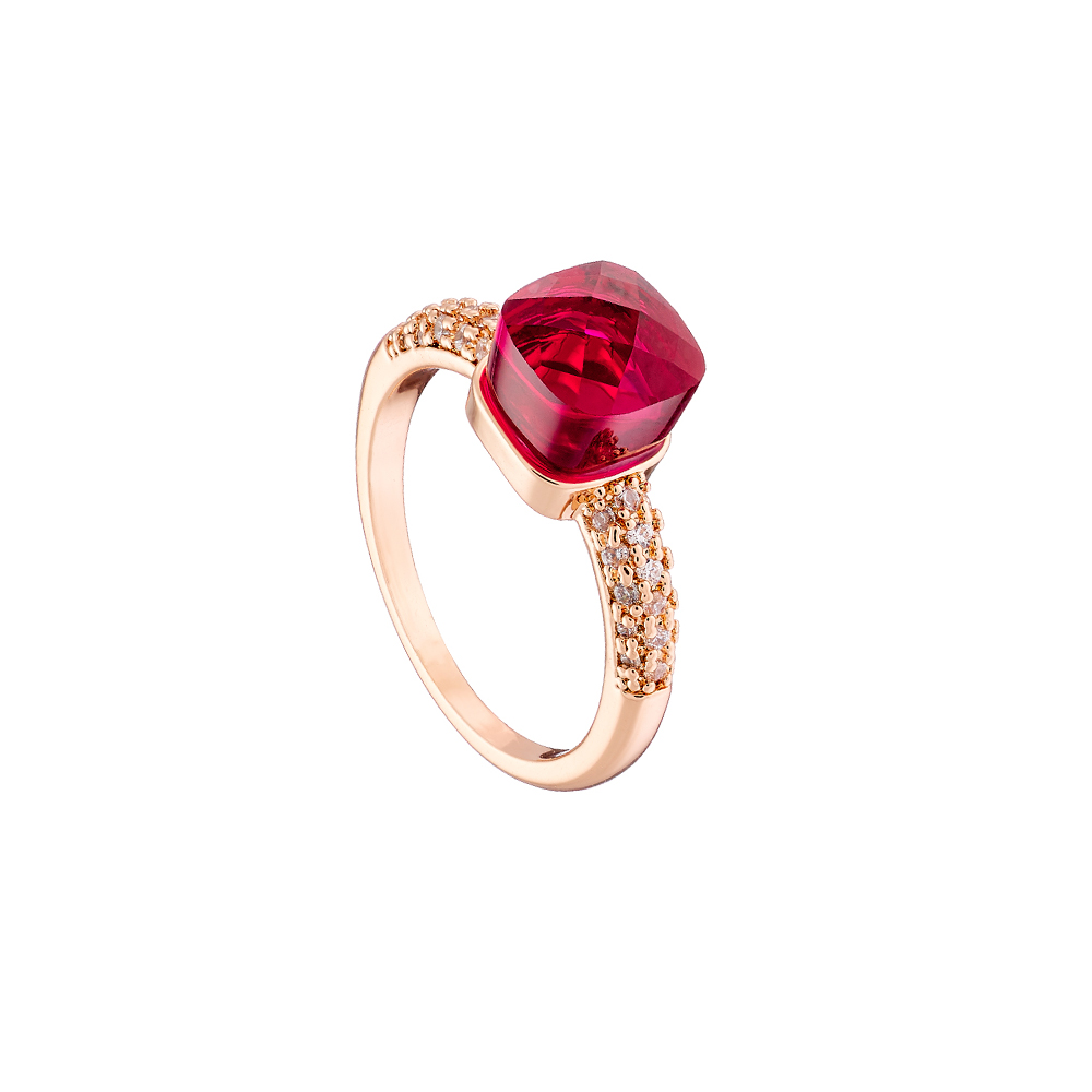 Candy Bis metal rose gold ring with red opaque crystal and white