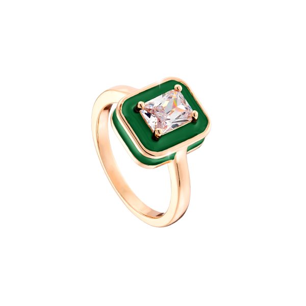 Δαχτυλίδι Beauty μεταλλικό ροζ χρυσό με λευκό ζιργκόν και πράσινο σμάλτο