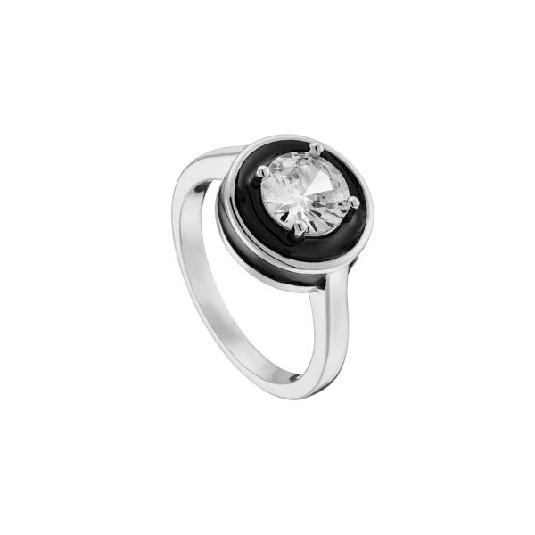 Δαχτυλίδι Beauty μεταλλικό ασημί με στρογγυλό λευκό ζιργκόν και μαύρο σμάλτο