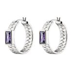 Σκουλαρίκια Pirouette μεταλλικά ασημί πλεκτοί κρίκοι με μωβ ζιργκόν 2.8 cm