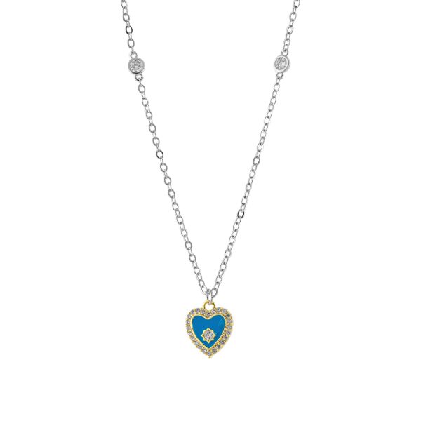 Κολιέ Doll μεταλλικό ασημί με επίχρυση γαλάζια καρδιά και ζιργκόν