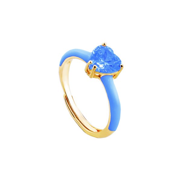 Δαχτυλίδι Doll μεταλλικό επίχρυσο γαλάζιο με γαλάζια ζιργκόν καρδιά