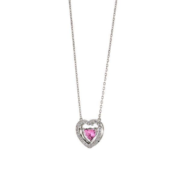 Κολιέ Happy Hearts μεταλλικό ασημί με καρδιές, ροζ και λευκά ζιργκόν