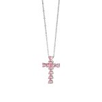Κολιέ Happy Hearts μεταλλικό ασημί με σταυρό από ροζ ζιργκόν καρδιές