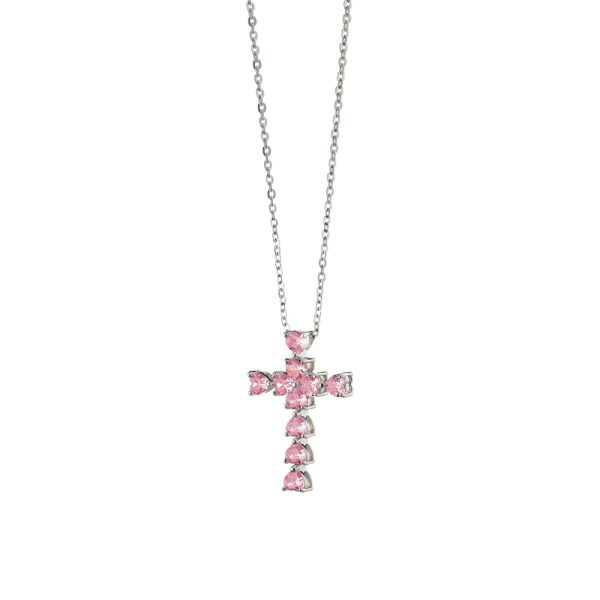 Κολιέ Happy Hearts μεταλλικό ασημί με σταυρό από ροζ ζιργκόν καρδιές