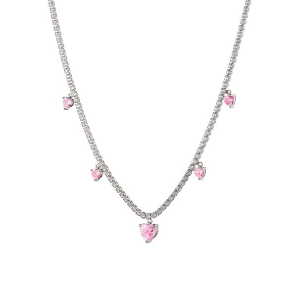 Κολιέ Happy Hearts μεταλλικό ασημί με ροζ ζιργκόν καρδιές και λευκά ζιργκόν