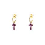 Σκουλαρίκια Cosmic ασημένια επίχρυσα / μαύρα κρικάκια με σταυρό και φούξια ζιργκόν