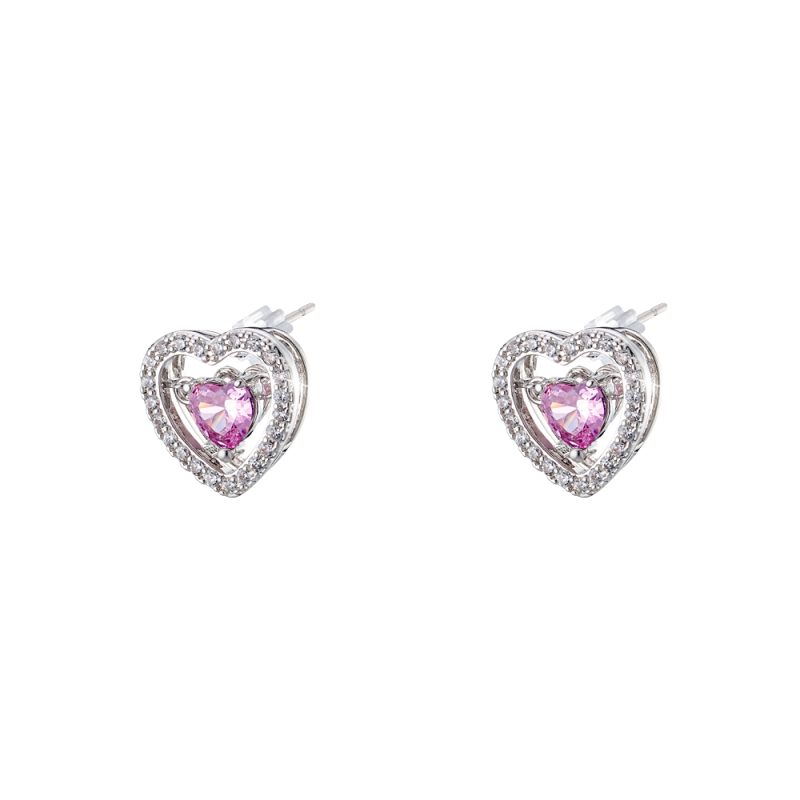 Σκουλαρίκια Happy Hearts μεταλλικά ασημί με καρδιές, ροζ και λευκά ζιργκόν