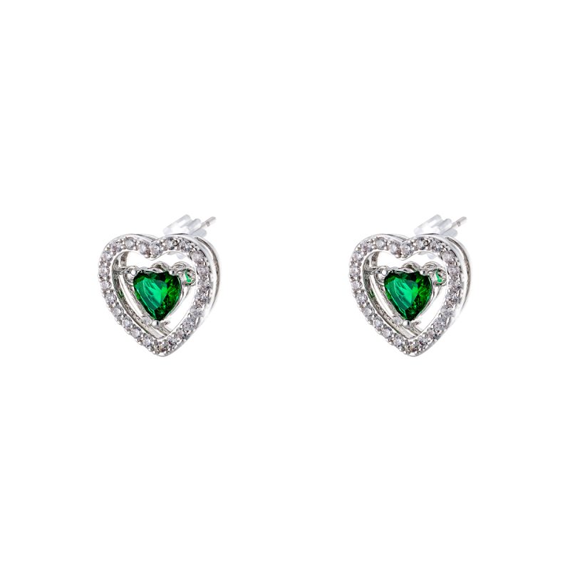 Σκουλαρίκια Happy Hearts μεταλλικά ασημί με καρδιές, πράσινα και λευκά ζιργκόν