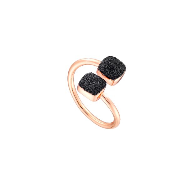 Δαχτυλίδι Starstruck μεταλλικό ροζ χρυσό με τετράγωνα στοιχεία με μαύρο glitter