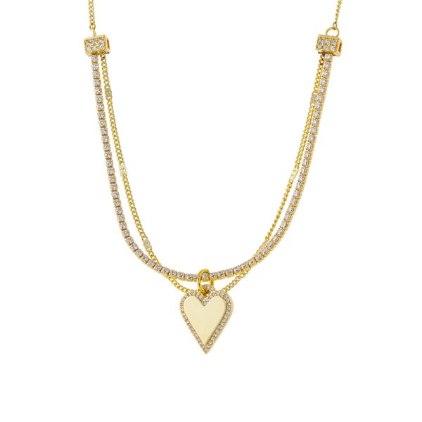 Κολιέ Amulet μεταλλικό επίχρυσο με διπλή αλυσίδα, καρδιά και σειρά ζιργκόν