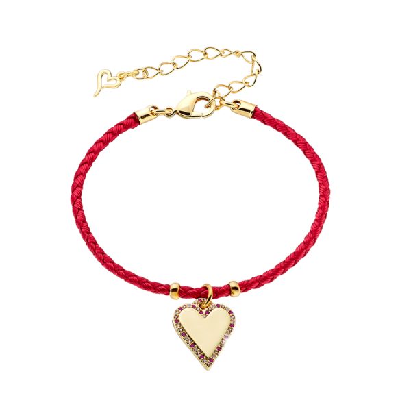 Βραχιόλι Amulet μεταλλικό επίχρυσο με κόκκινο κορδόνι και καρδιά με πολύχρωμα ζιργκόν