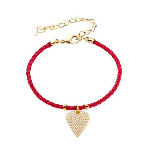 Βραχιόλι Amulet μεταλλικό επίχρυσο με κόκκινο κορδόνι και καρδιά με λευκά ζιργκόν