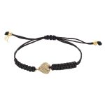 Βραχιόλι Amulet μεταλλικό επίχρυσο μακραμέ με μαύρο κορδόνι και καρδιά με λευκά ζιργκόν