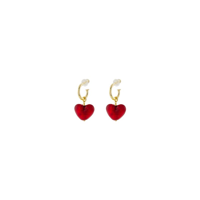 Σκουλαρίκια Murano ασημένια επίχρυσα κρικάκια με κόκκινη καρδιά