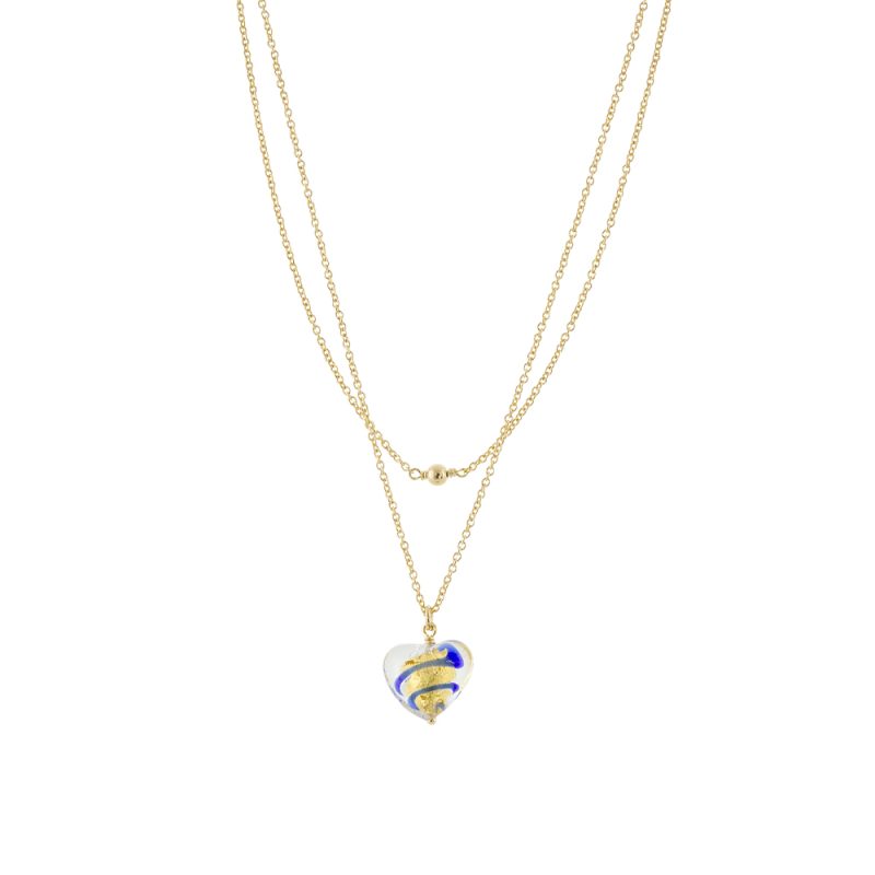 Κολιέ Murano ασημένιο επίχρυσο διπλό με χρυσή-μπλε καρδιά