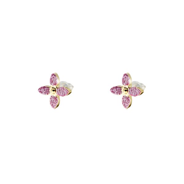 Σκουλαρίκια Princess μεταλλικά επίχρυσα με σταυρό και ροζ glitter