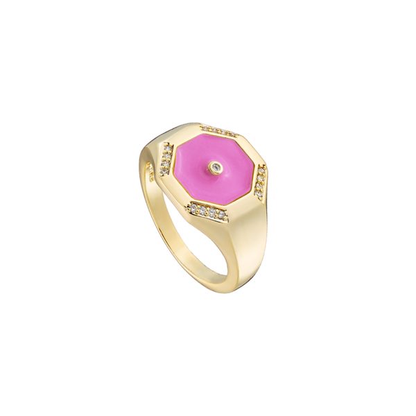 Δαχτυλίδι Pierrot μεταλλικό επίχρυσο με στοιχείο με ροζ σμάλτο και ζιργκόν