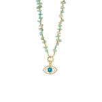 Κολιέ Boho μεταλλικό επίχρυσο με τιρκουάζ πέτρες και μάτι με τιρκουάζ σμάλτο