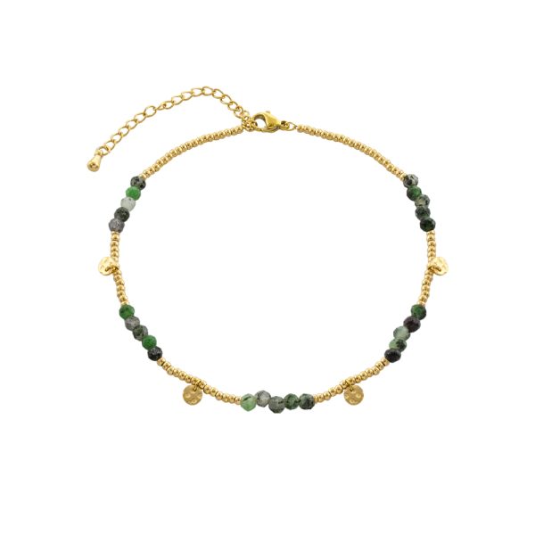 Βραχιόλι Ποδιού Boho ατσάλινο επίχρυσο με πράσινες rubis zoisite πέτρες