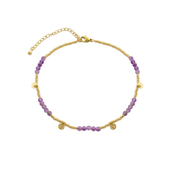 Βραχιόλι Ποδιού Boho ατσάλινο επίχρυσο με μωβ amethyst πέτρες