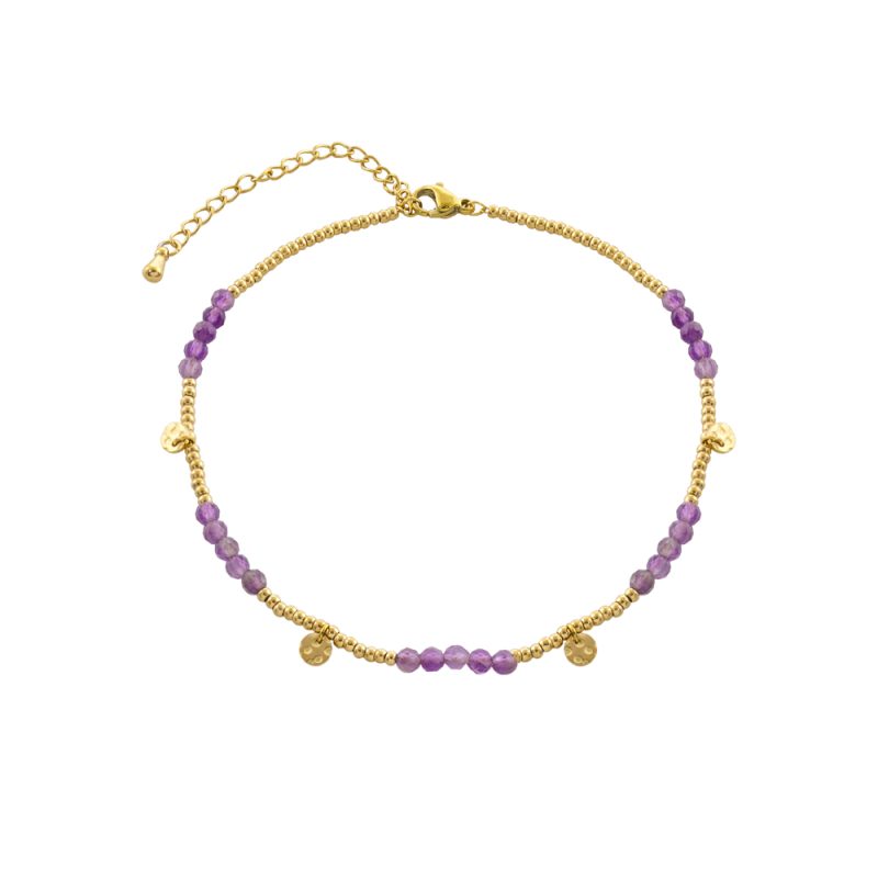 Βραχιόλι Ποδιού Boho ατσάλινο επίχρυσο με μωβ amethyst πέτρες