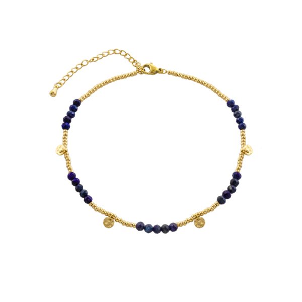 Βραχιόλι Ποδιού Boho ατσάλινο επίχρυσο με μπλε lapis πέτρες