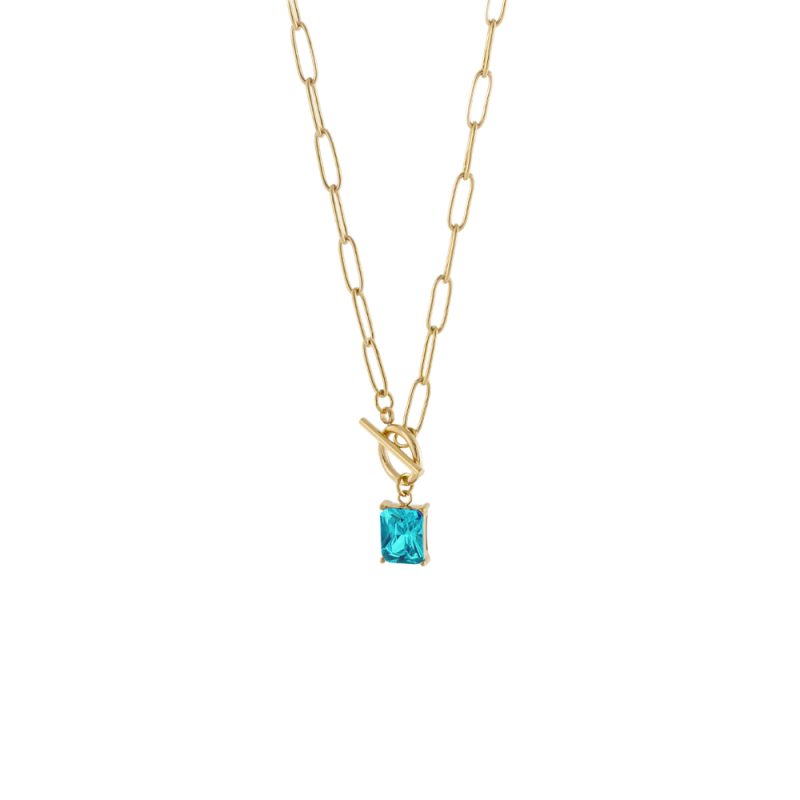 Κολιέ Mini ατσάλινο επίχρυσο με καδένα και aqua ζιργκόν