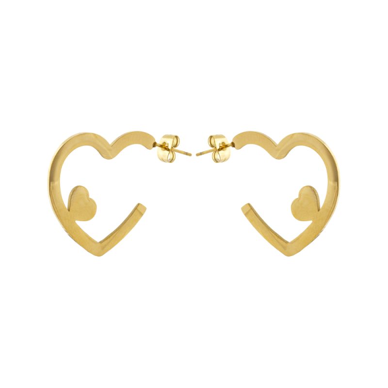 Σκουλαρίκια Happy Hearts ατσάλινα επίχρυσα με καρδιές και τιρκουάζ σμάλτο - Image 2