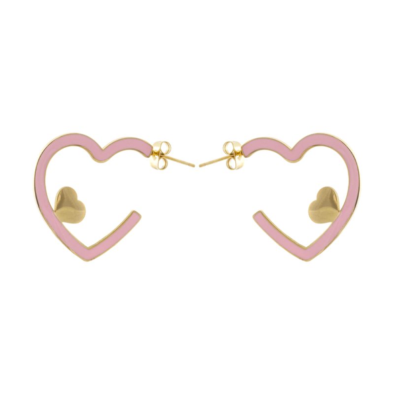 Σκουλαρίκια Happy Hearts ατσάλινα επίχρυσα με καρδιές και ροζ σμάλτο