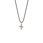 Κολιέ Charming μαύρο κορδόνι με μεταλλικό επίχρυσο σταυρό με aqua και λευκά ζιργκόν