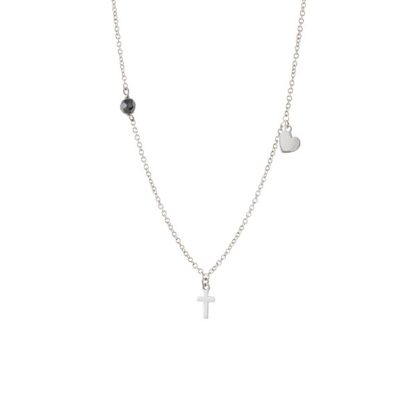 Κολιέ Lovely ασημένιο με σταυρό, καρδιά και μαύρη πέτρα