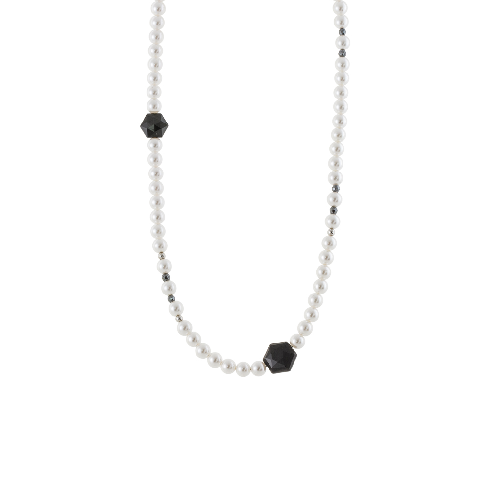 01L01-03573 Κολιέ La Dolce Vita ασημένιο επίχρυσο με λευκές πέρλες και μαύρες πέτρες