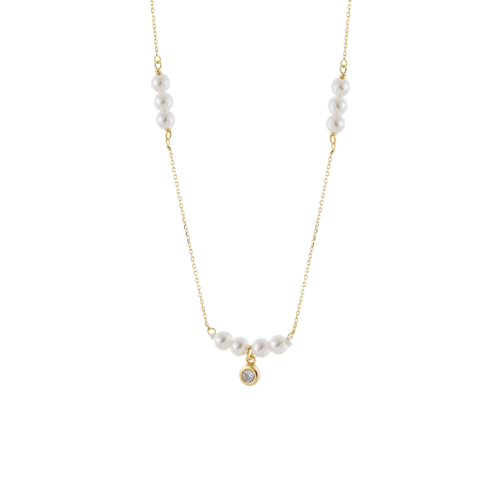 01L05-01702 Κολιέ Lovely ασημένιο επίχρυσο με λευκές πέρλες και λευκό ζιργκόν