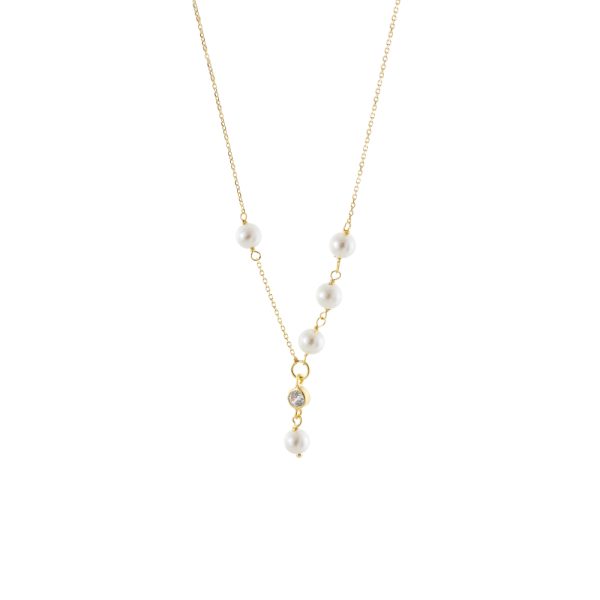 Κολιέ Lovely ασημένιο επίχρυσο με λευκές πέρλες και λευκό ζιργκόν