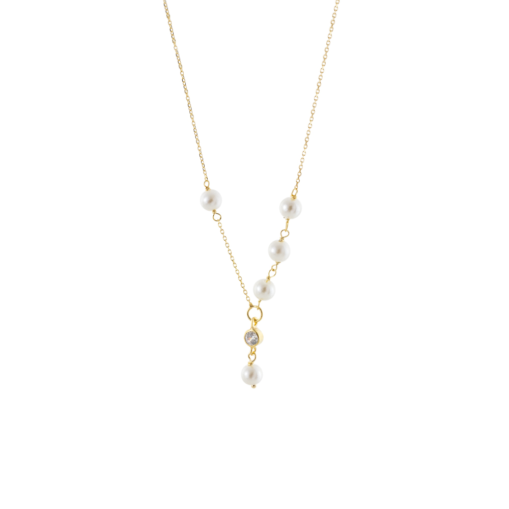 01L05-01703 Κολιέ Lovely ασημένιο επίχρυσο με λευκές πέρλες και λευκό ζιργκόν