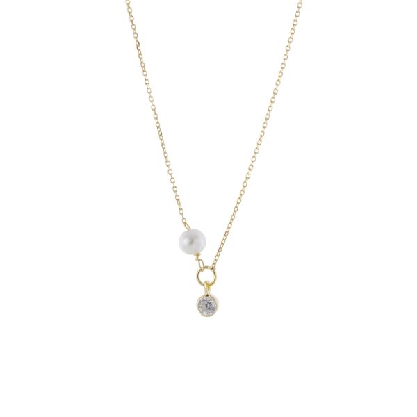 Κολιέ Lovely ασημένιο επίχρυσο με λευκή πέρλα και λευκό ζιργκόν
