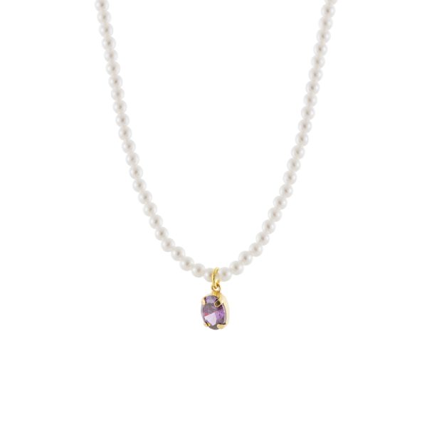 Κολιέ La Dolce Vita ασημένιο επίχρυσο με λευκές πέρλες και μωβ ζιργκόν